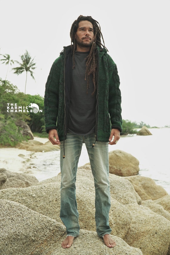 Warm Hippie Jacket Double Knitted Thick Wool Fleece Lined Hoodie Hippy Coat  Nepali Green Black Aran Cableknit Jumper Zip -  Canada