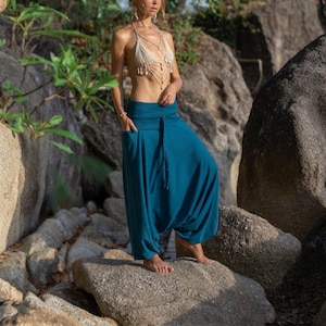 Plain Teal Harem Pants, Jersey Cotton Boho Trousers - UK Size 6-10