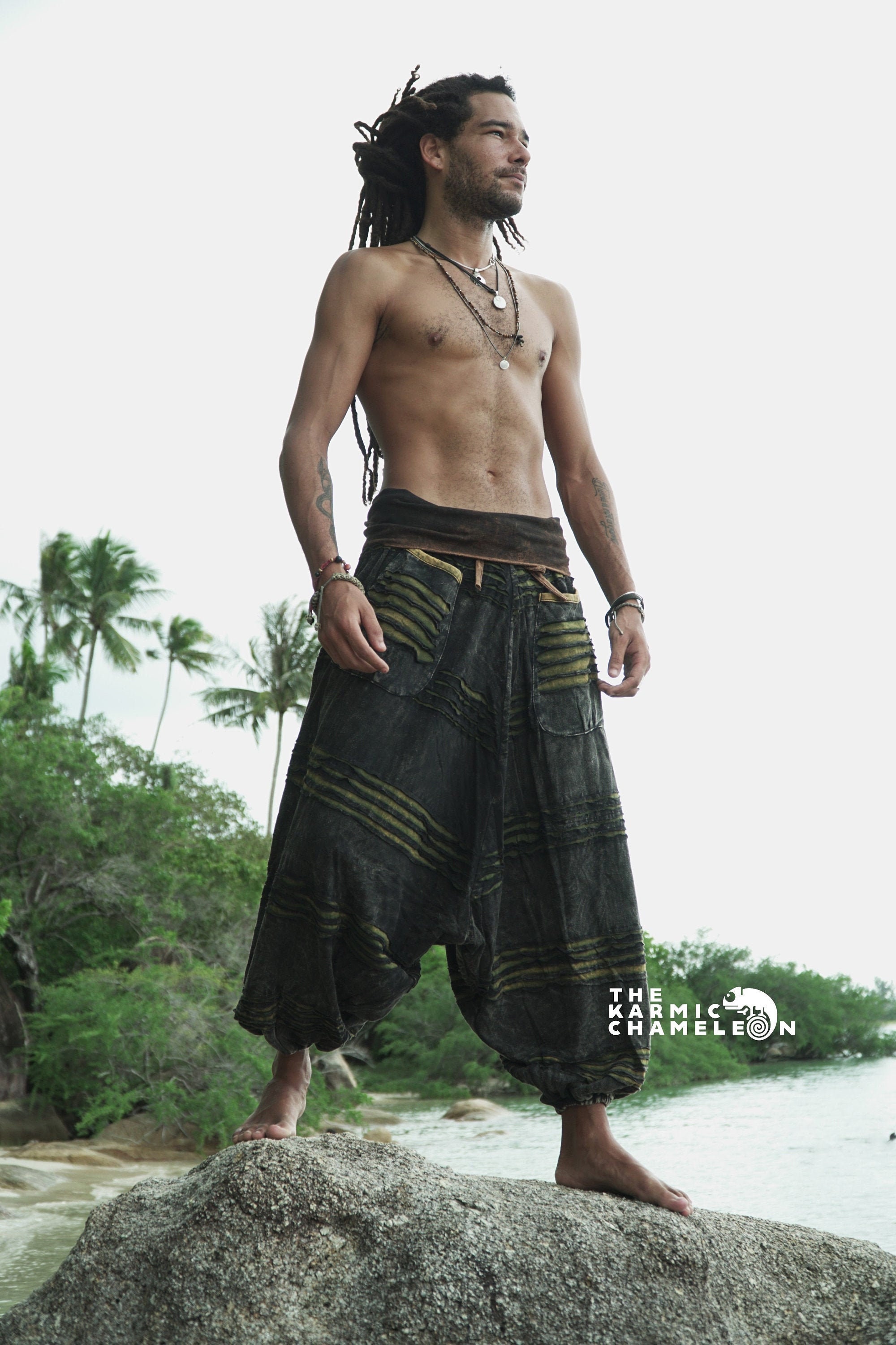 Image of stonewashed Harem Yoga Pants Hippie Razorcut Grey Green Distressed Hippy Festival Trousers