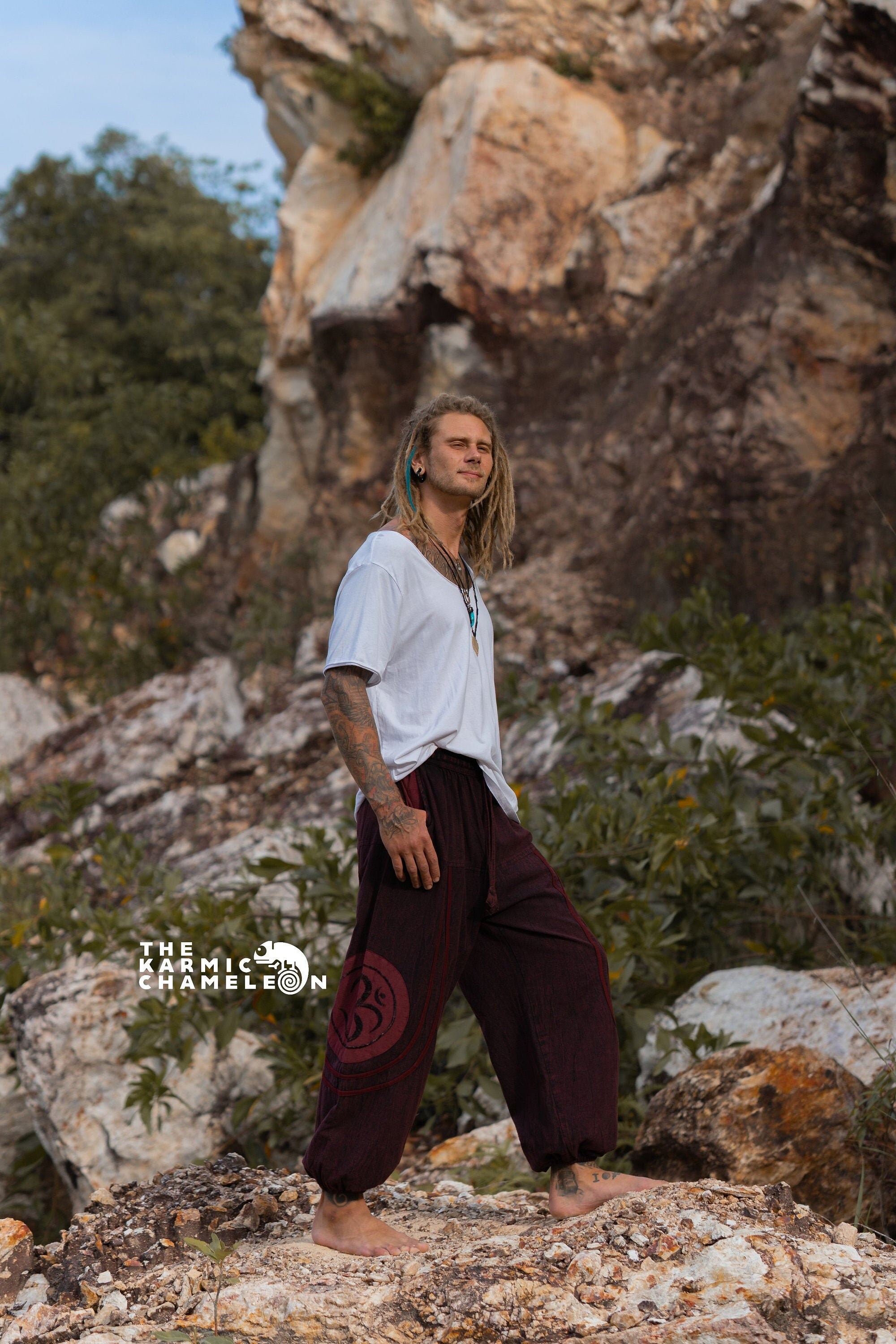 Image of Stonewashed Mens High Crotch Harem Pants Hippie Stonewash Red Om Ohm Symbol Distressed Hippy Skater Yoga Trousers