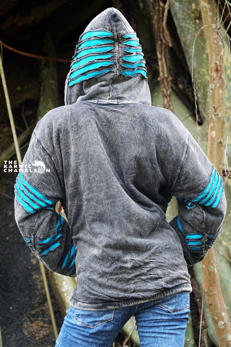 Warmes Vlies gefüttert steingewaschen grau blau gestochen scharfe Hippie Jacke Hoodie Mantel Kapuze Boho Boho Baumwolle Festival gemütlich Bild 4