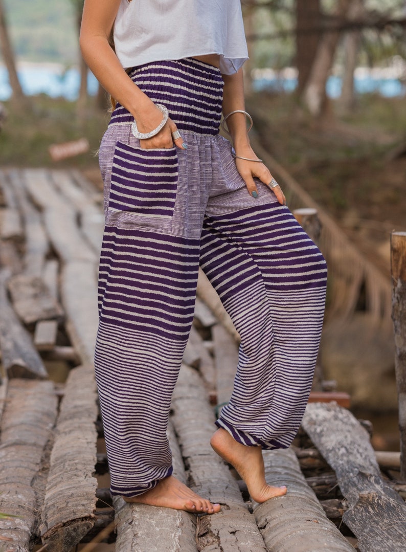 Purple White Striped Harem Pants Women High Crotch Hippie Pants Comfy Loungewear Yoga Trousers Festival Summer Boho Beach image 3
