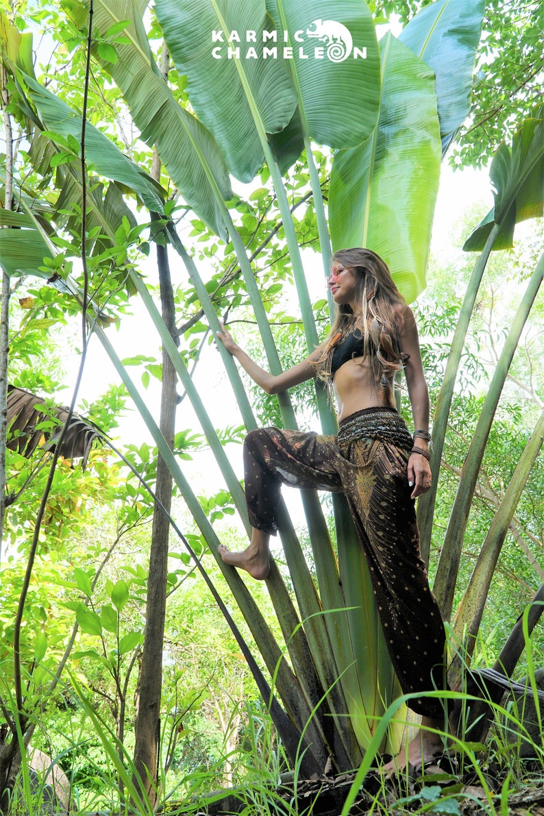Harem Pants Women Hippie Yoga Pants Brown Peacock Feather Boho Hippie Clothing Comfy Louungewear Gypsy Loose Ladies Baggy Colourful Festival