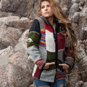 thumbnail image 2 of Men's GHERI Boho Knitted Hooded Jacket - Colorful Patchwork Cotton With Fleece Lining, Zip Front 2 of 6