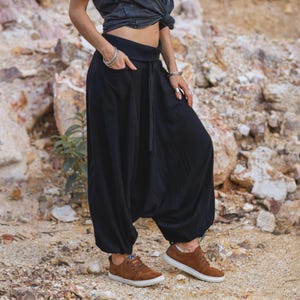 Plain Black Cotton Harem Pants | Boho Low Crotch Yoga Trousers - UK 6-12, 14-18