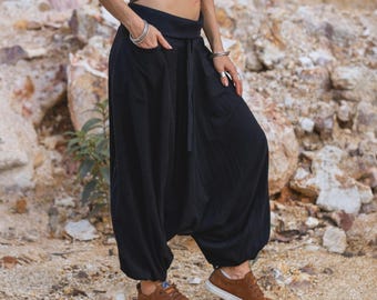 Plain Black Cotton Harem Pants | Boho Low Crotch Yoga Trousers - UK 6-12