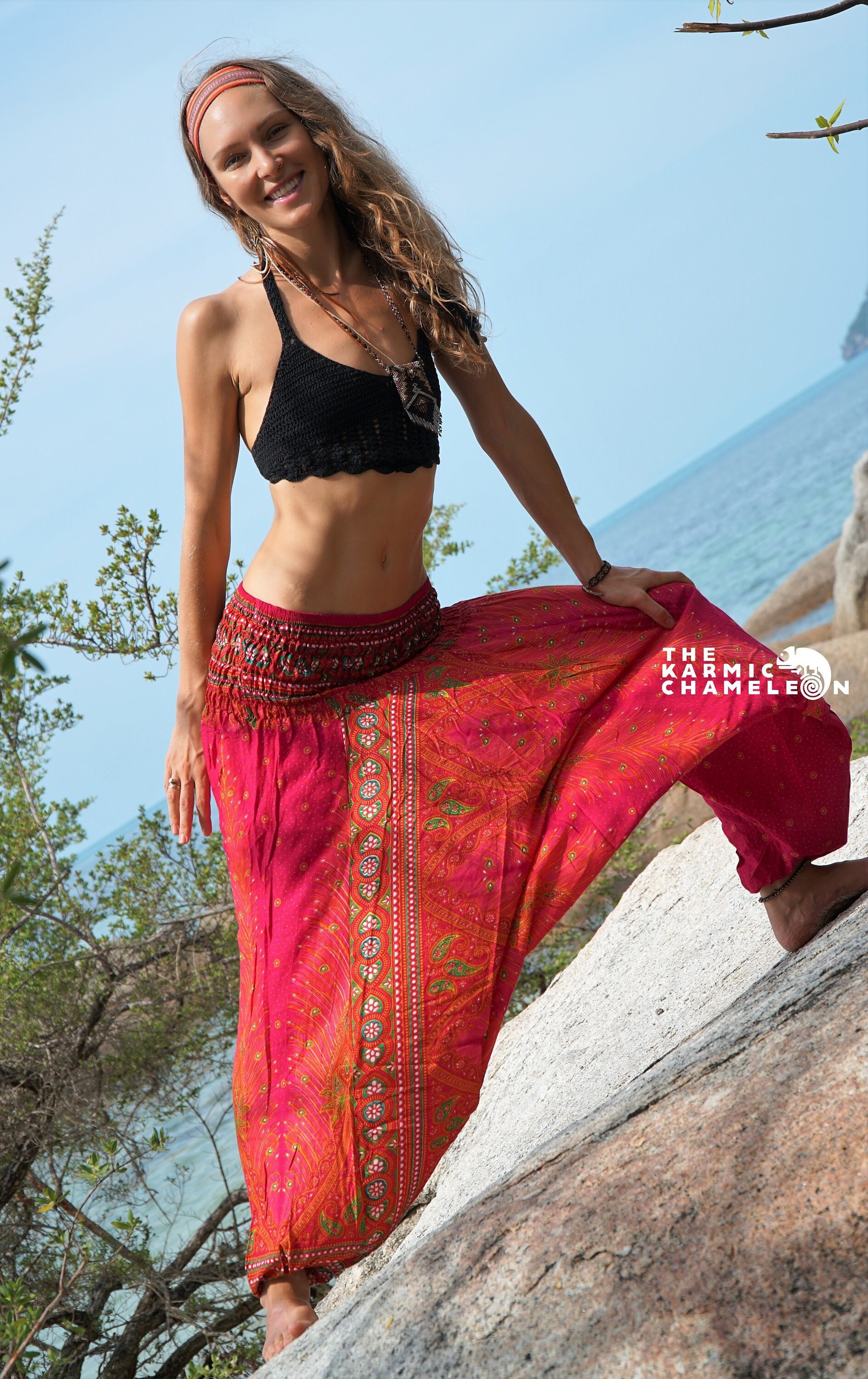 Image of Pink Peacock Feather Harem Pants Hippie Hippy Trousers Yoga Dance Aladdin