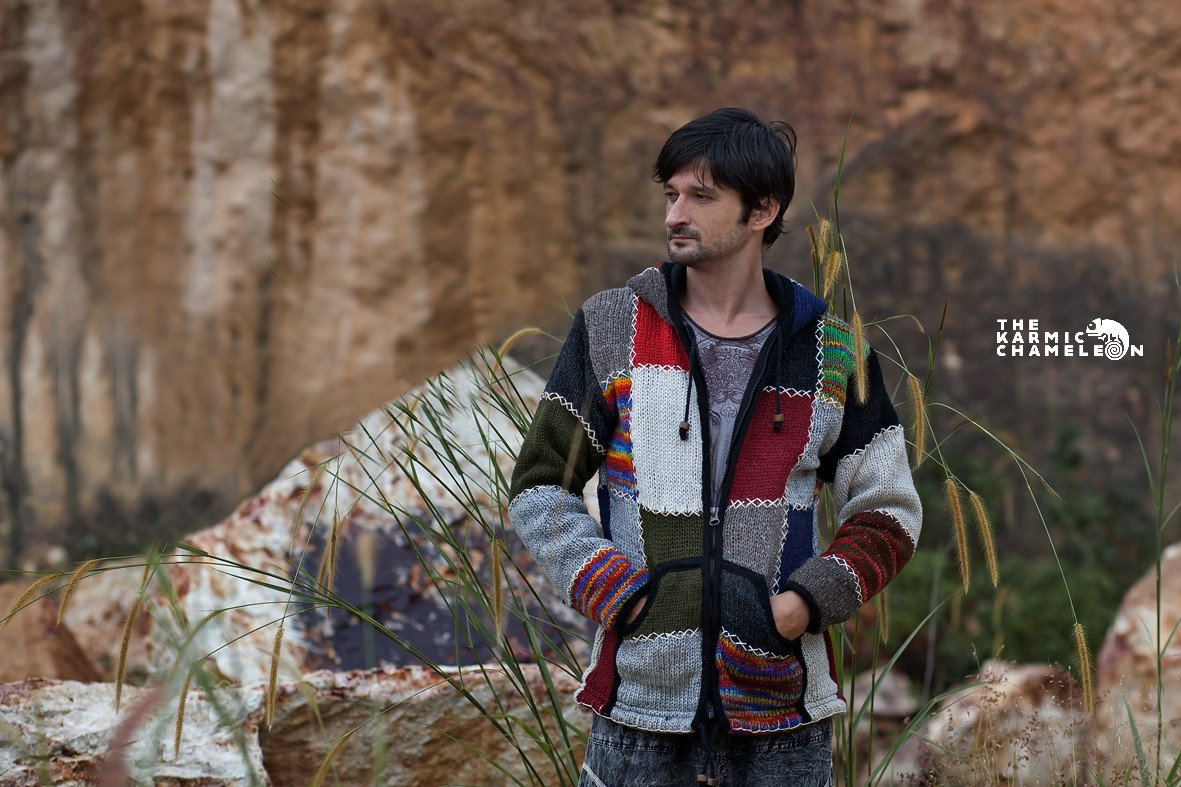 Hand-Knitted Nepalese Wool Jacket With Fleece Lining - Patchwork Stitch, Hooded, Sizes S-XL