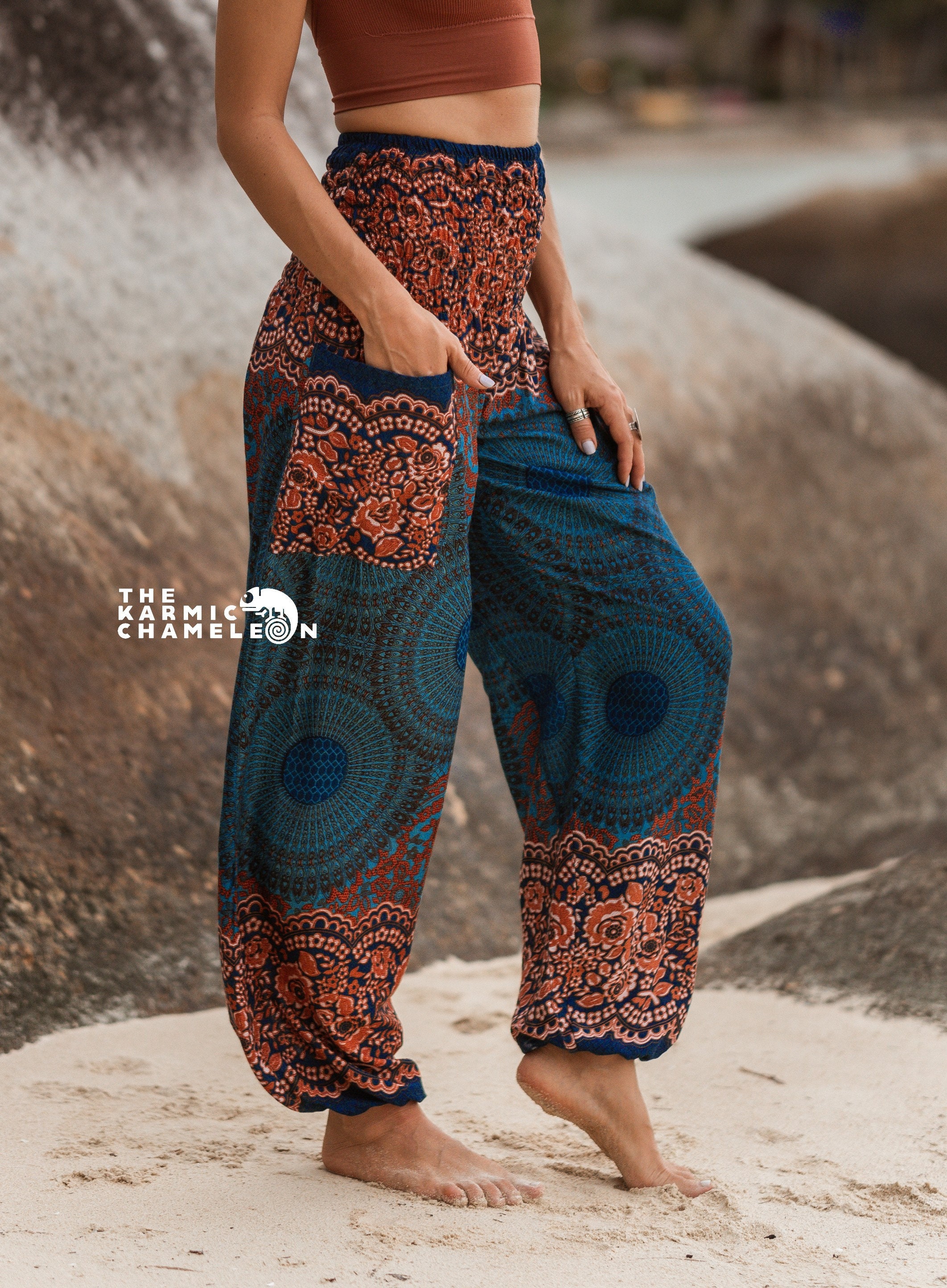 Mandala Harem Pants Women Teal Hippie Pants Comfy Loungewear Yoga Trousers  Loose Baggy Festival Summer Boho Beach 