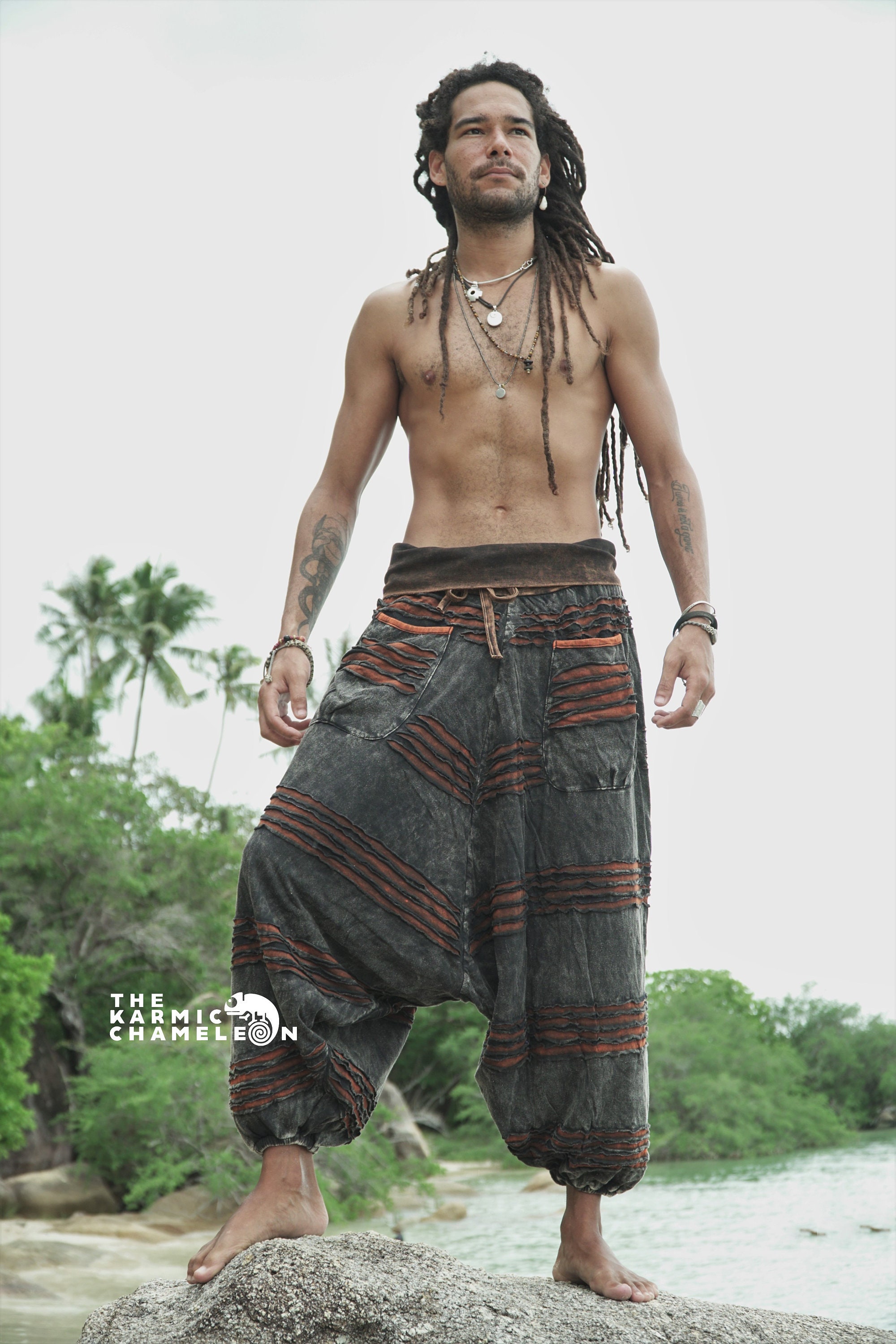 Image of Stonewashed Harem Yoga Pants Hippie Razorcut Grey Rusty Orange Stonewash Distressed Hippy Festival Trousers