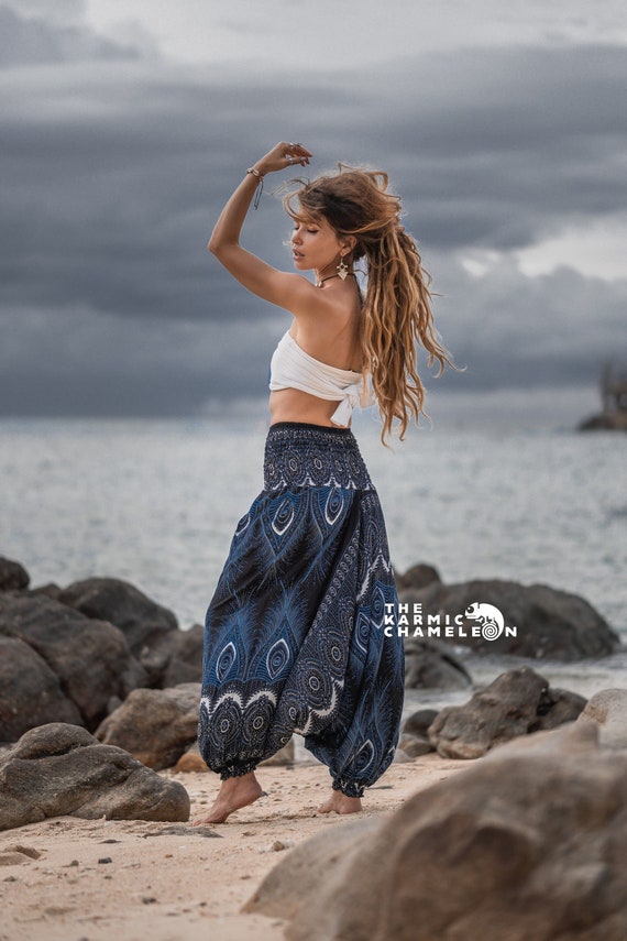 Black Blue Peacock Feather Harem Pants Women Comfy Loungewear