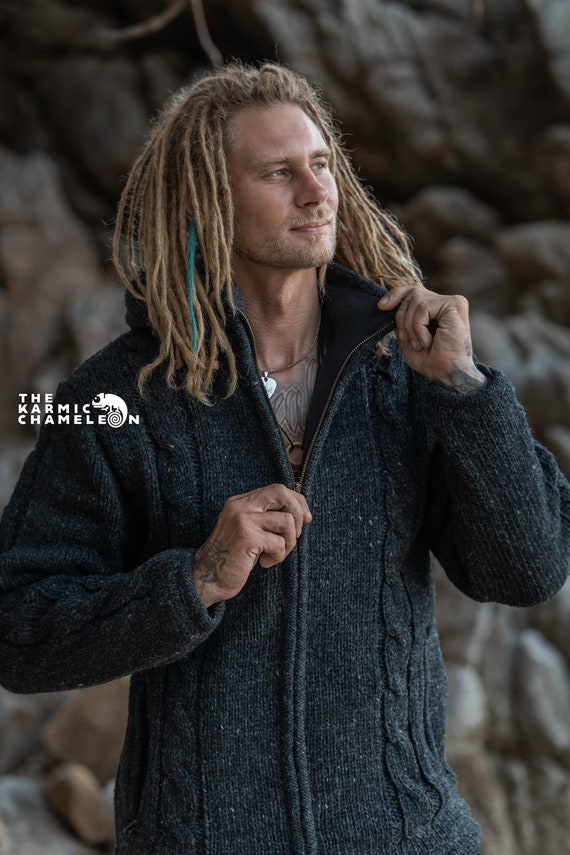 Warm Hippie Jacket Double Knitted Thick Wool Fleece Lined Hoodie Hippy Coat  Nepali Grey Charcoal Aran Cableknit Jumper Zip -  Canada