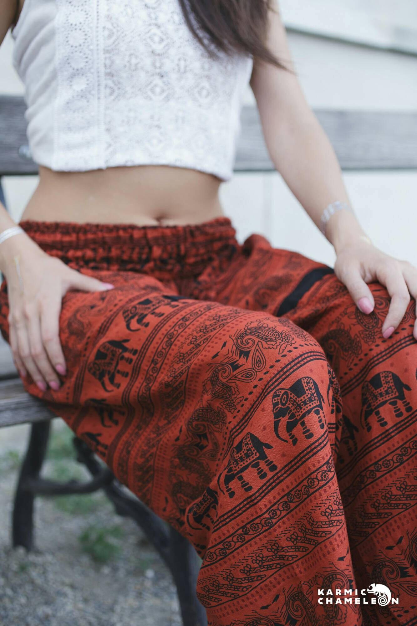 Image of Elephant Harem Pants Red Hippie Yoga Summer Trousers Festival Clothing