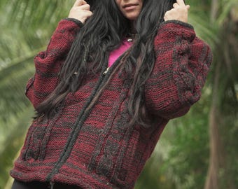 Maroon Aran Wool Fleece Lined Hoodie: Detachable Hood