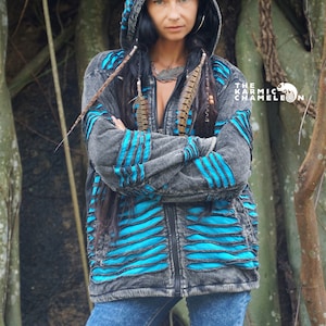 Warmes Vlies gefüttert steingewaschen grau blau gestochen scharfe Hippie Jacke Hoodie Mantel Kapuze Boho Boho Baumwolle Festival gemütlich Bild 8