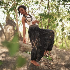 Black Peacock Harem Pants: Flowy Boho Yoga Trousers, Vegan