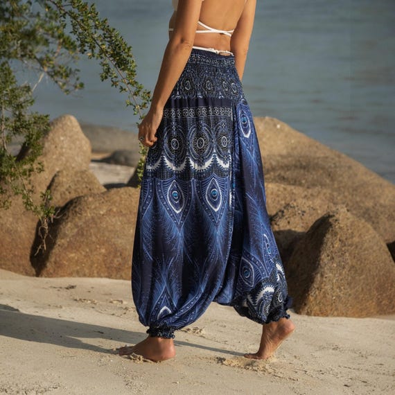 Blue Harem Pants – Peacock Feather Aladdin Boho Trousers for Yoga