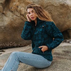 Wool Aran Jacket in Teal with detachable hood, fleece lining and zipped pockets. Extra warm winter coat