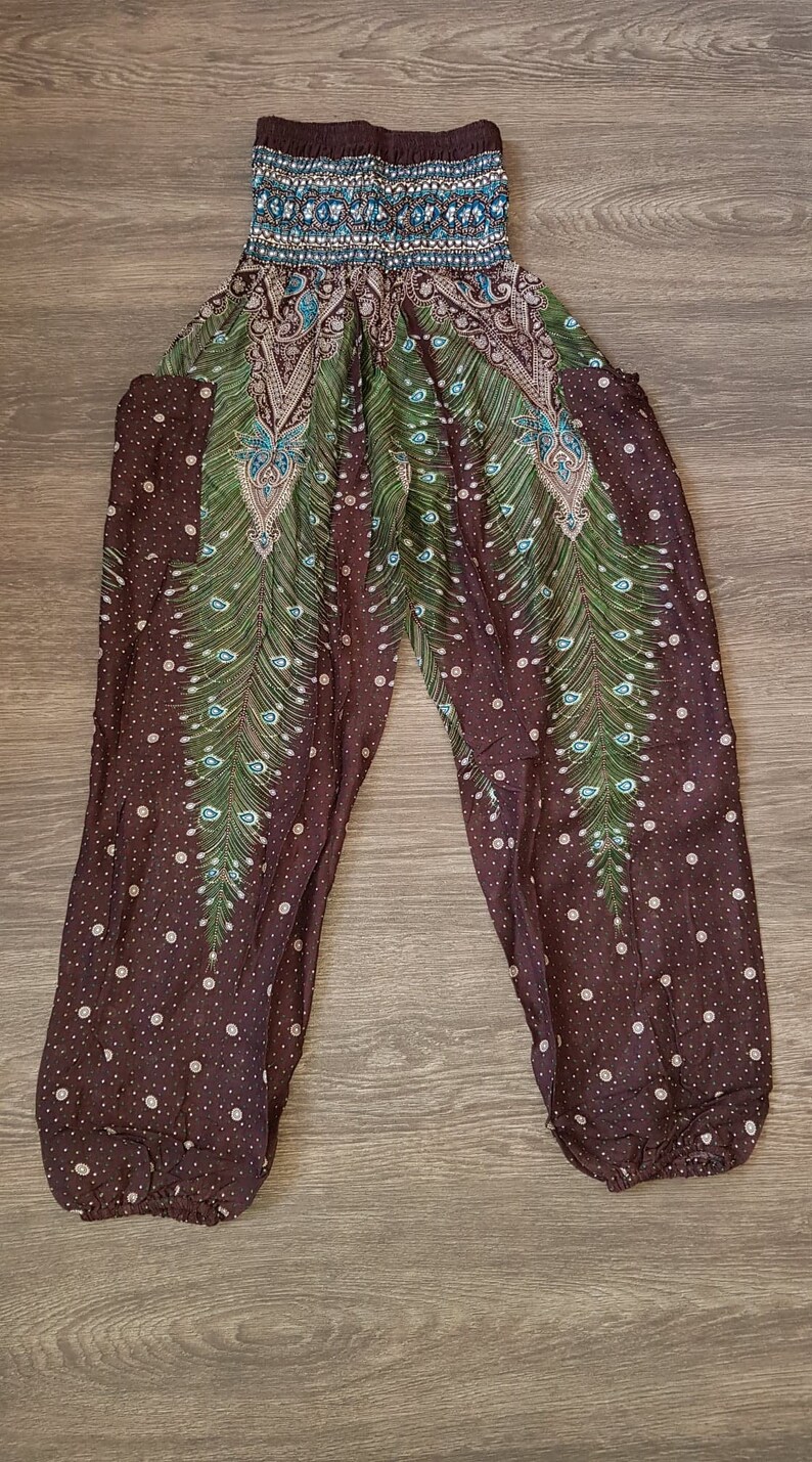Harem Pants Women Hippie Yoga Pants Brown Peacock Feather Boho Hippie Clothing Comfy Louungewear Gypsy Loose Ladies Baggy Colourful Festival