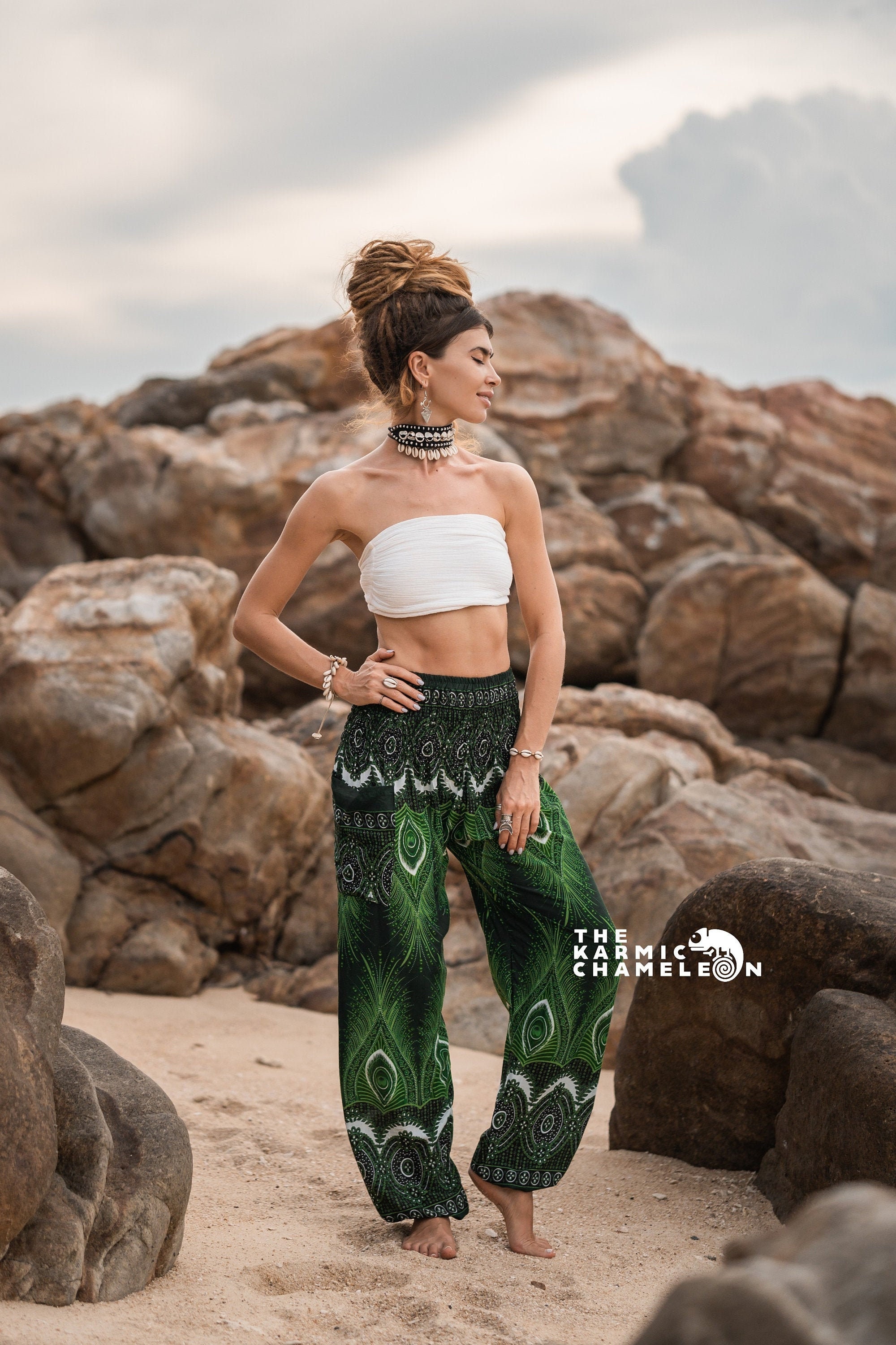 Image of Green Peacock Feather Harem Pants Women Hippie Comfy Loungewear Yoga Trousers Loose Baggy Festival Summer Boho Beach