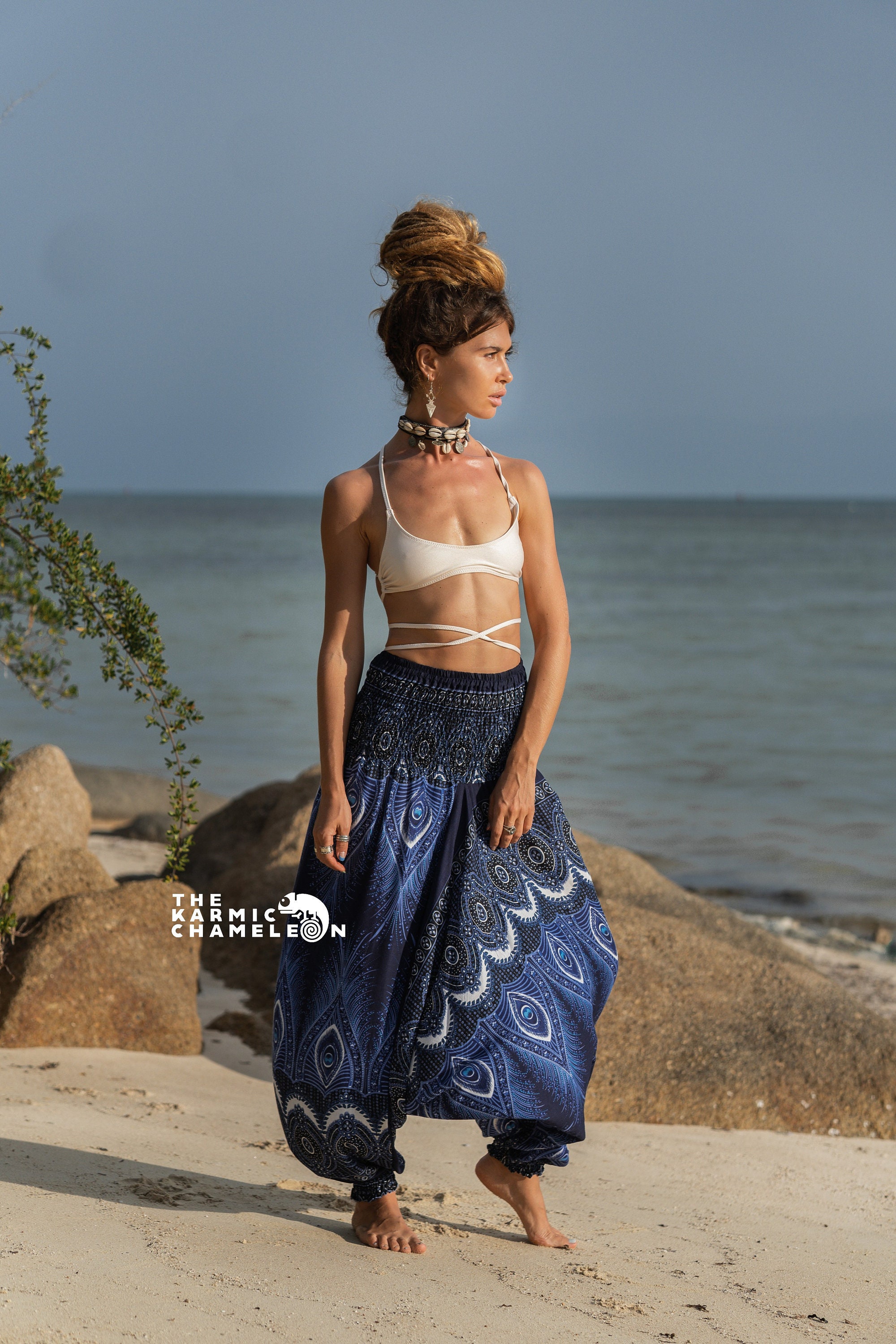 Image of Blue Peacock Feather Harem Pants Women Comfy Loungewear Loose Yoga Hippy Hippie Trousers Summer Festival