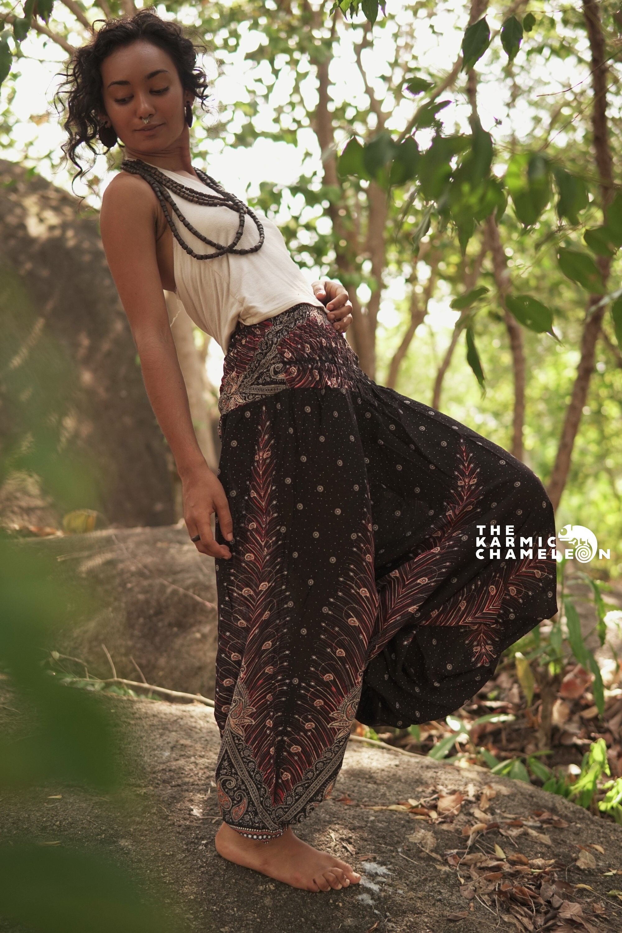 Image of Harem Pants Women Loose Yoga Comfy Loungewear Black Peacock Feather Hippy Hippie Trousers Summer Festival