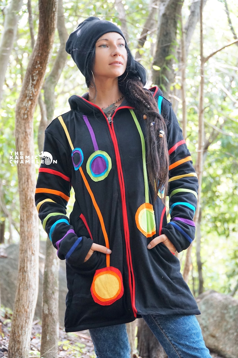 Long Warm Hippie Jacket Hoodie Black Rainbow Coat Fleece Lined Pixie Hood Boho Bohemian Cotton Winter Festival Cozy Wizard Jacket
