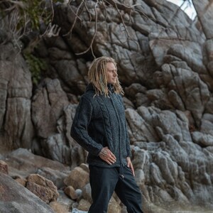 Thick wool hoodie with cable knit Aran pattern in charcoal grey colour, made for walking, foraging or firewood runs