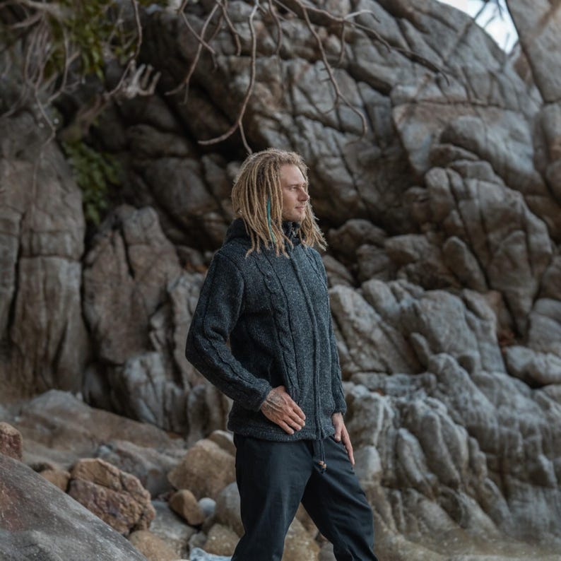 Thick wool hoodie with cable knit Aran pattern in charcoal grey colour, made for walking, foraging or firewood runs