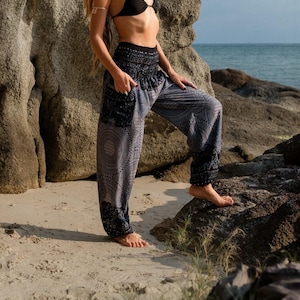 Grey Mandala Harem Pants: Boho Festival Hippie Loungewear
