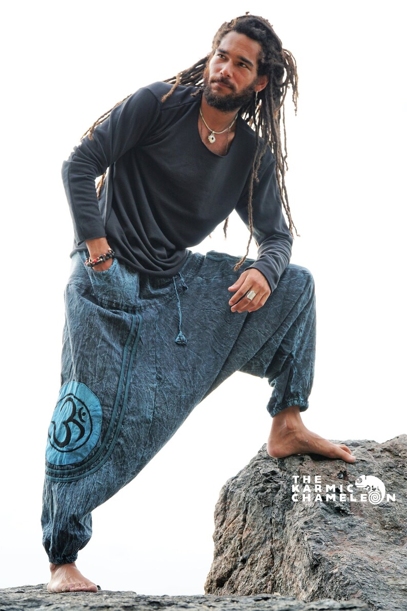 Pantalon Harem Lavé à la chaux Hippie Pantalon Homme Bleu Om Ohm Symbol Distressed Drawstring Waist Skater Pants Yoga Pantalon