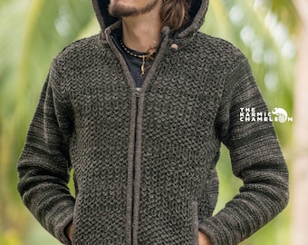 Warm Wool Hoodie Jacket Thick Winter Fleece Lined Hippie Coat Brown Green Nepali  Eyelet Net Pattern Jumper Zip Detachable Hood 