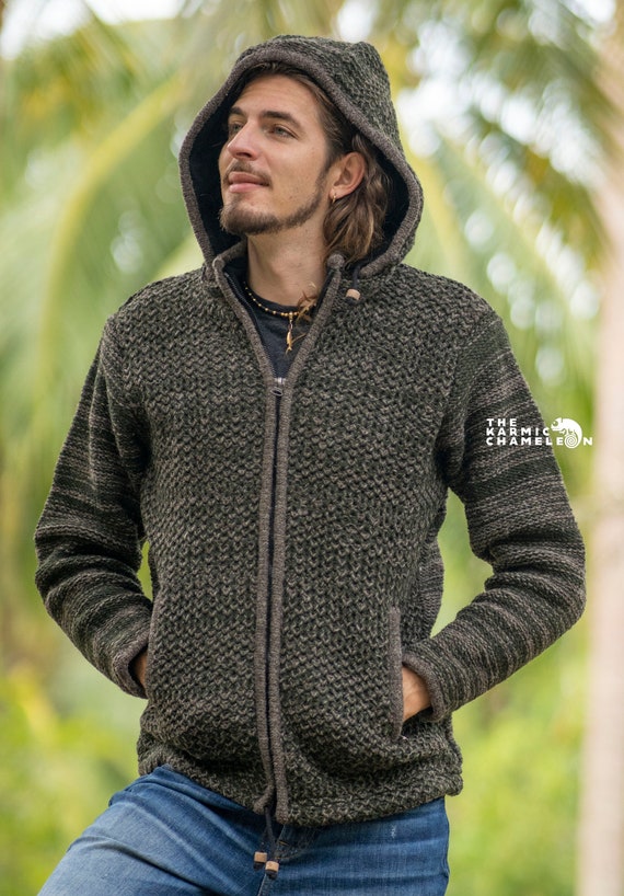 Warm Wool Hoodie Jacket Thick Winter Fleece Lined Hippie Coat Brown Green  Nepali Eyelet Net Pattern Jumper Zip Detachable Hood 