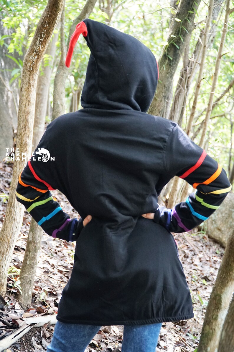 Long Warm Hippie Jacket Hoodie Black Rainbow Coat Fleece Lined Pixie Hood Boho Bohemian Cotton Winter Festival Cozy Wizard Jacket