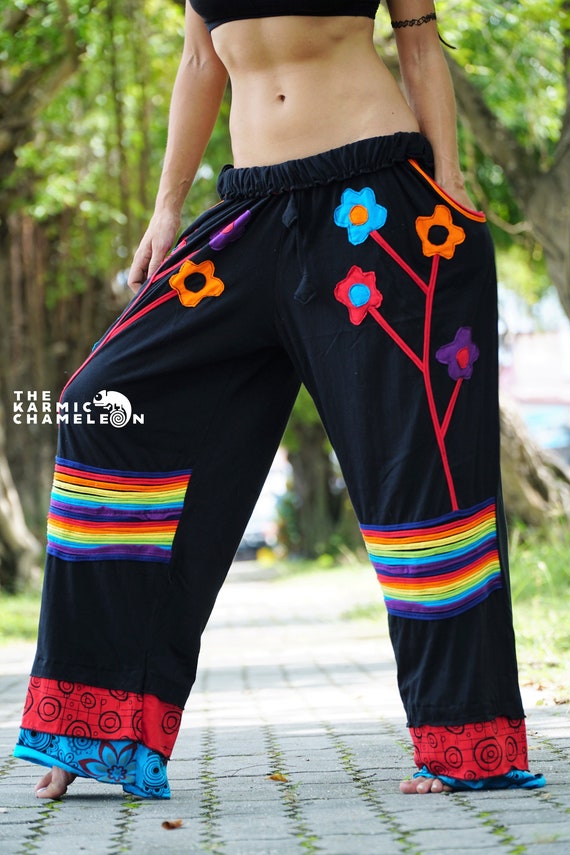 Black Rainbow Hippie Pants Flower Power 