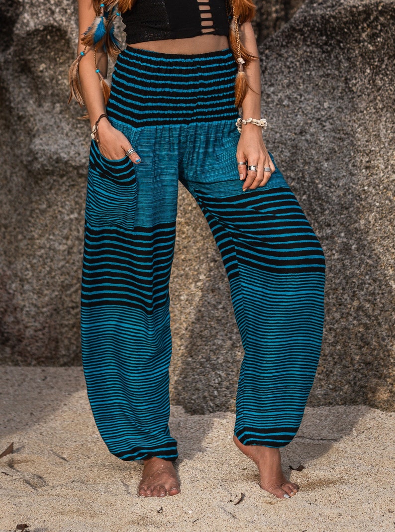 Blue Striped Harem Pants Women High Crotch Hippie Pants Comfy Loungewear Yoga Trousers Loose Baggy Festival Summer Boho Beach image 2