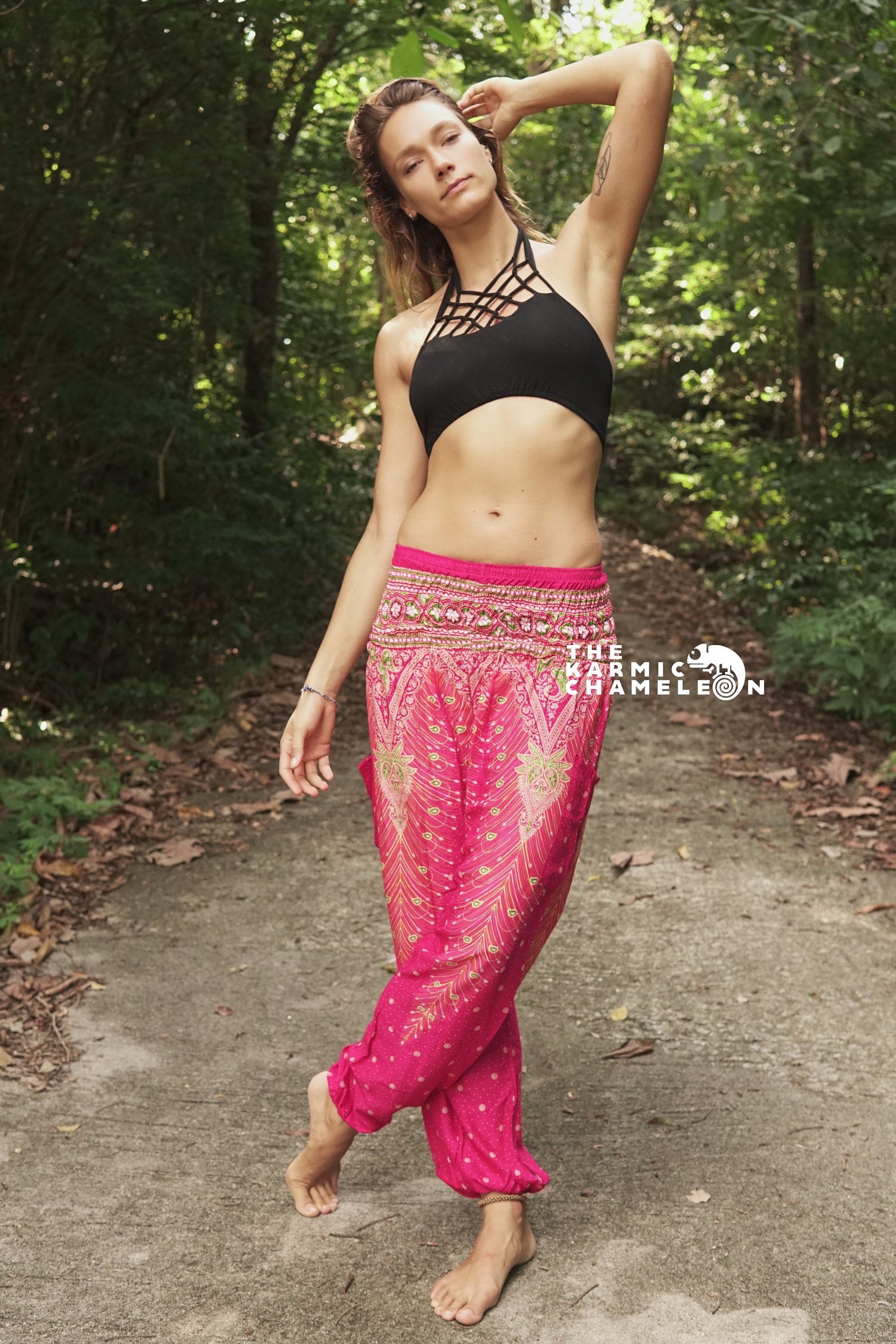 Image of Pink Peacock Feather Yoga Harem Pants Hippie Trousers Comfy Loungewear Hippy Clothes Summer