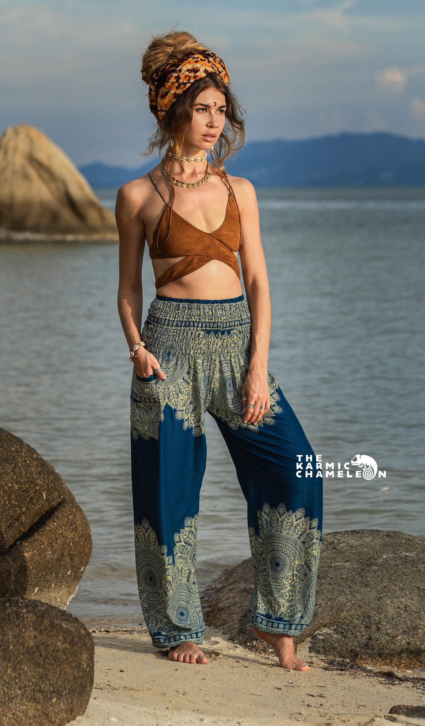 Image of Teal Mandala Harem Pants Women Hippie Comfy Loungewear Yoga Trousers Loose Baggy Festival Summer Boho Beach