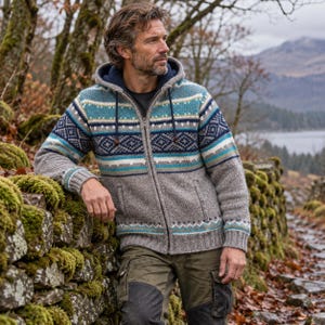 Op de afbeelding: Een grijs vest met rits en capuchon, voorzien van een fair isle-patroon in tinten blauwgroen, marineblauw en wit. Het vest heeft een volledige ritssluiting aan de voorzijde, een capuchon met trekkoord en donkere knopen, geribbelde boorden en twee zakken.