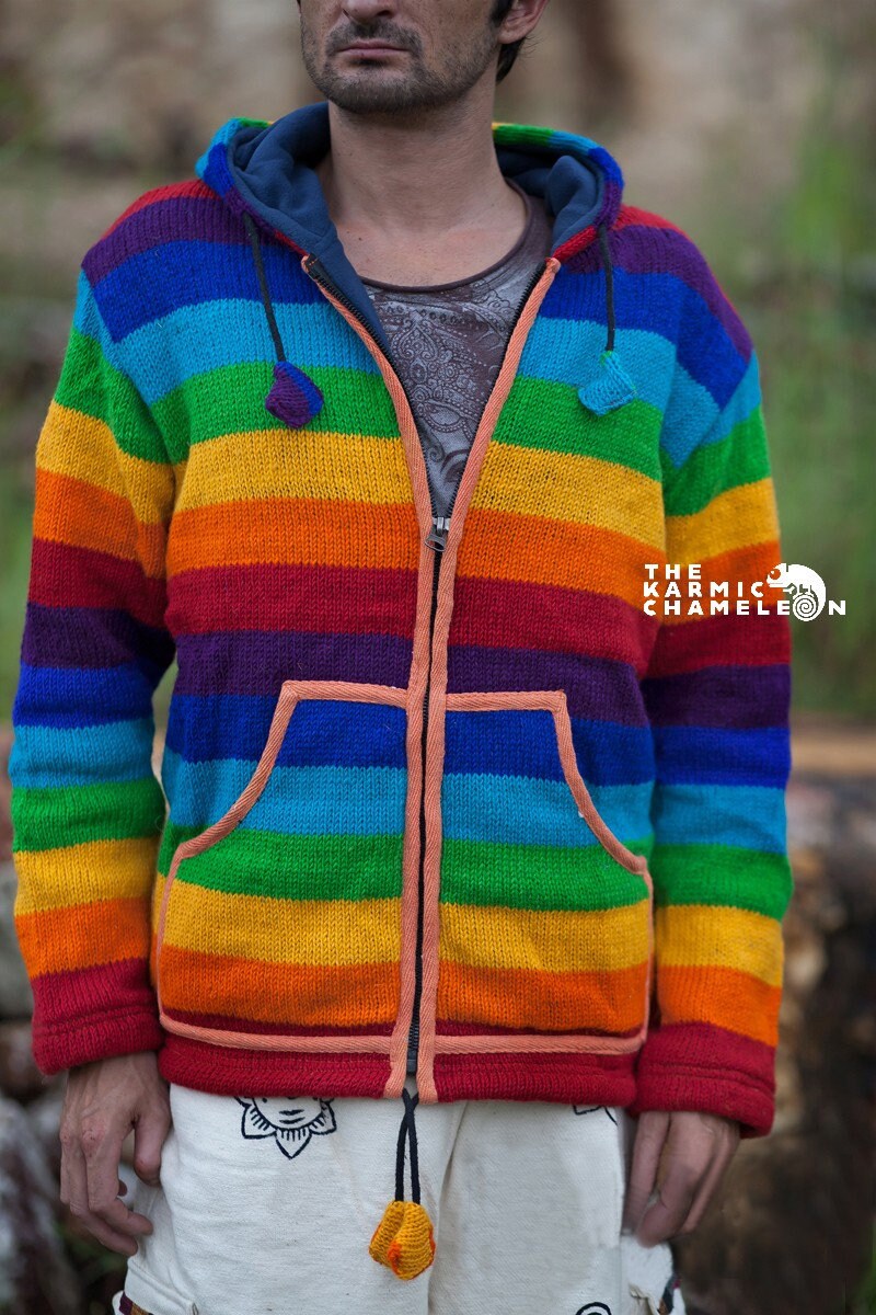 Warm Hippie Rainbow Jacket Knitted Thick Wool Fleece Lined Etsy UK