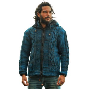 Teal Wolle Aran Hoodie - Fleece Lines Zip Jacke mit abnehmbarer Kapuze und Taschen | Unisex Winter Strickmode | Handarbeit aus Nepal