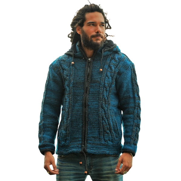 Sweat à capuche bleu sarcelle en laine Aran - Veste zippée en polaire avec capuche et poches amovibles | Tricots d'hiver unisexe | Fait main au Népal