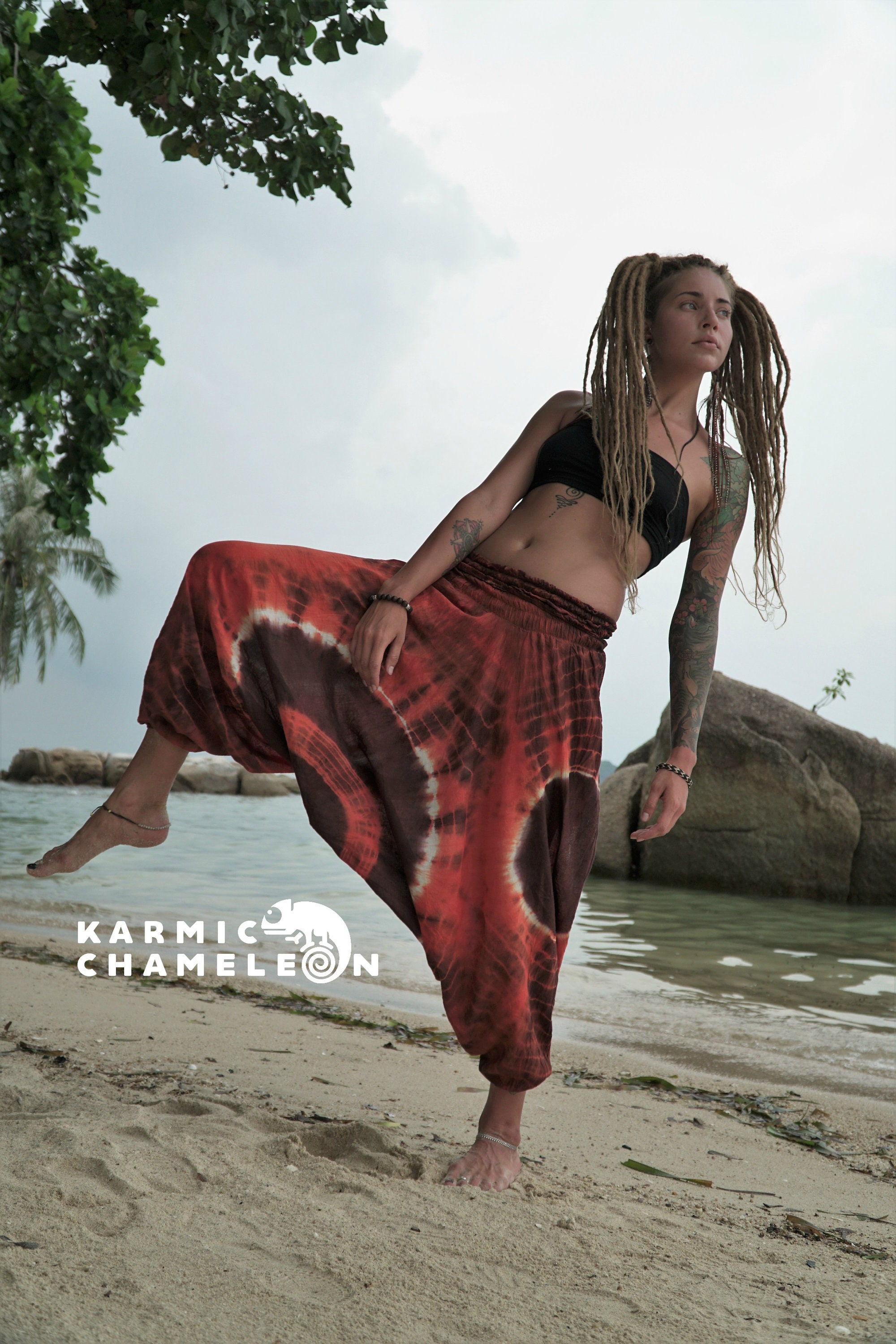 Image of Tie Dye Harem Pants Funky Yoga Hippie Hippy Clothes Clothing Bright Orange Brown Dance