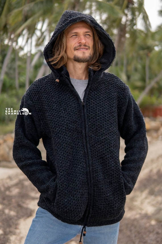 Charcoal Grey Warm Wool Jacket Thick Winter Fleece Lined Hippie Hoodie Coat  Nepali Double Knitted Eyelet Net Pattern Jumper Zip 