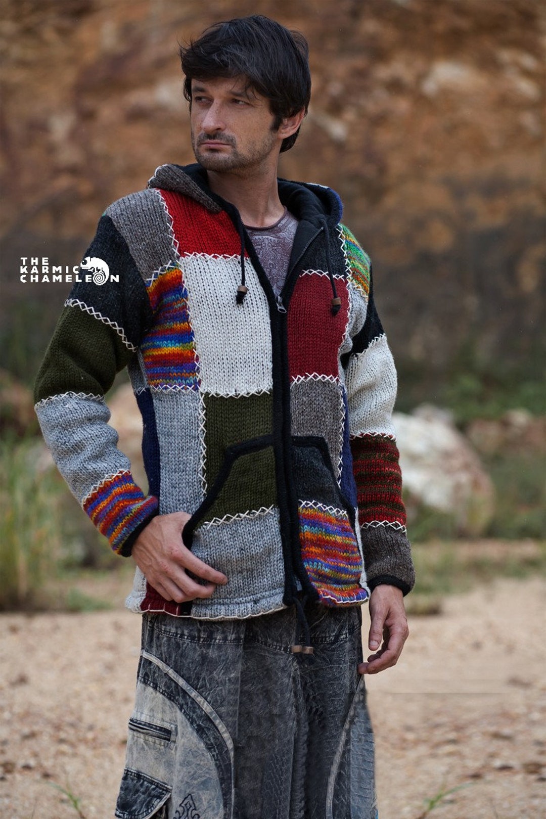 thumbnail image 2 of Men's GHERI Boho Knitted Hooded Jacket - Colorful Patchwork Cotton With Fleece Lining, Zip Front 2 of 6