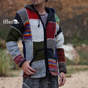 Patchwork Knitted Wool Fleece Lined Hippie Hoodie - Nepali Winter Jacket