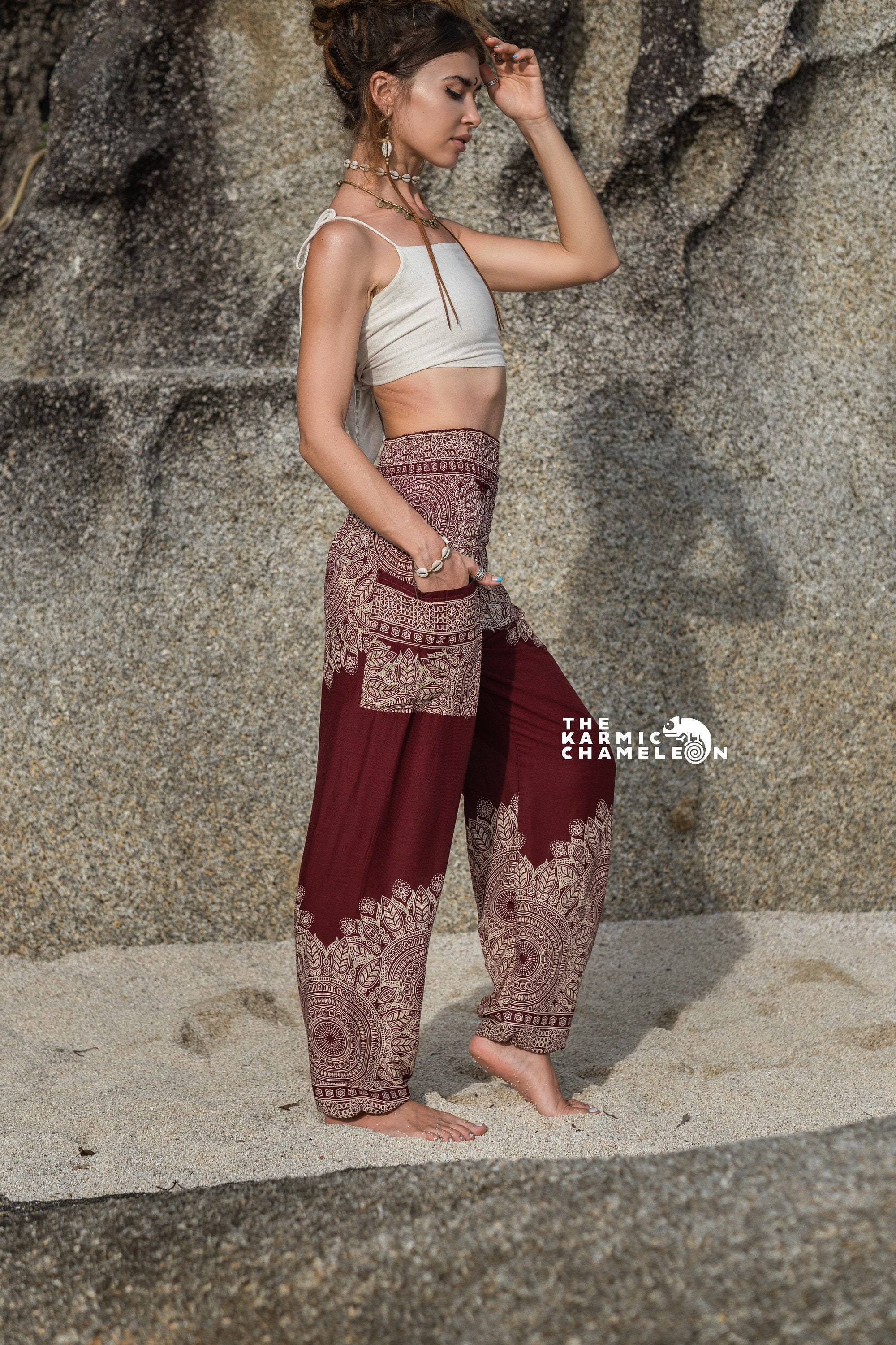 Image of Mandala Harem Pants Women Red Maroon Hippie Comfy Loungewear Yoga Trousers Loose Baggy Festival Summer Boho Beach