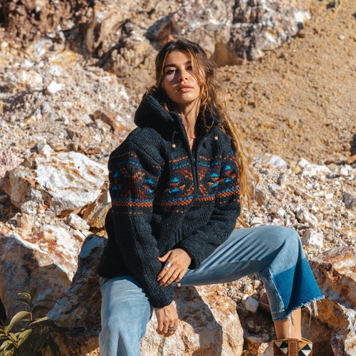 Warm Winter Wool Hoodie, Thick Charcoal Grey Fleece Lined Hippie