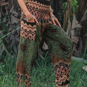 Green Mandala Harem Trousers, Hippie Pants, Festival Clothes, Yoga Retreat Summer Trousers, Beachwear, Stretchy Smock Waistband, Sizes 6-16 image 2