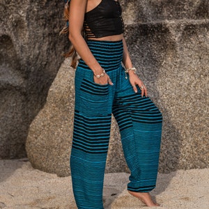 Blue Striped Harem Pants Women High Crotch Hippie Pants Comfy Loungewear Yoga Trousers Loose Baggy Festival Summer Boho Beach image 4